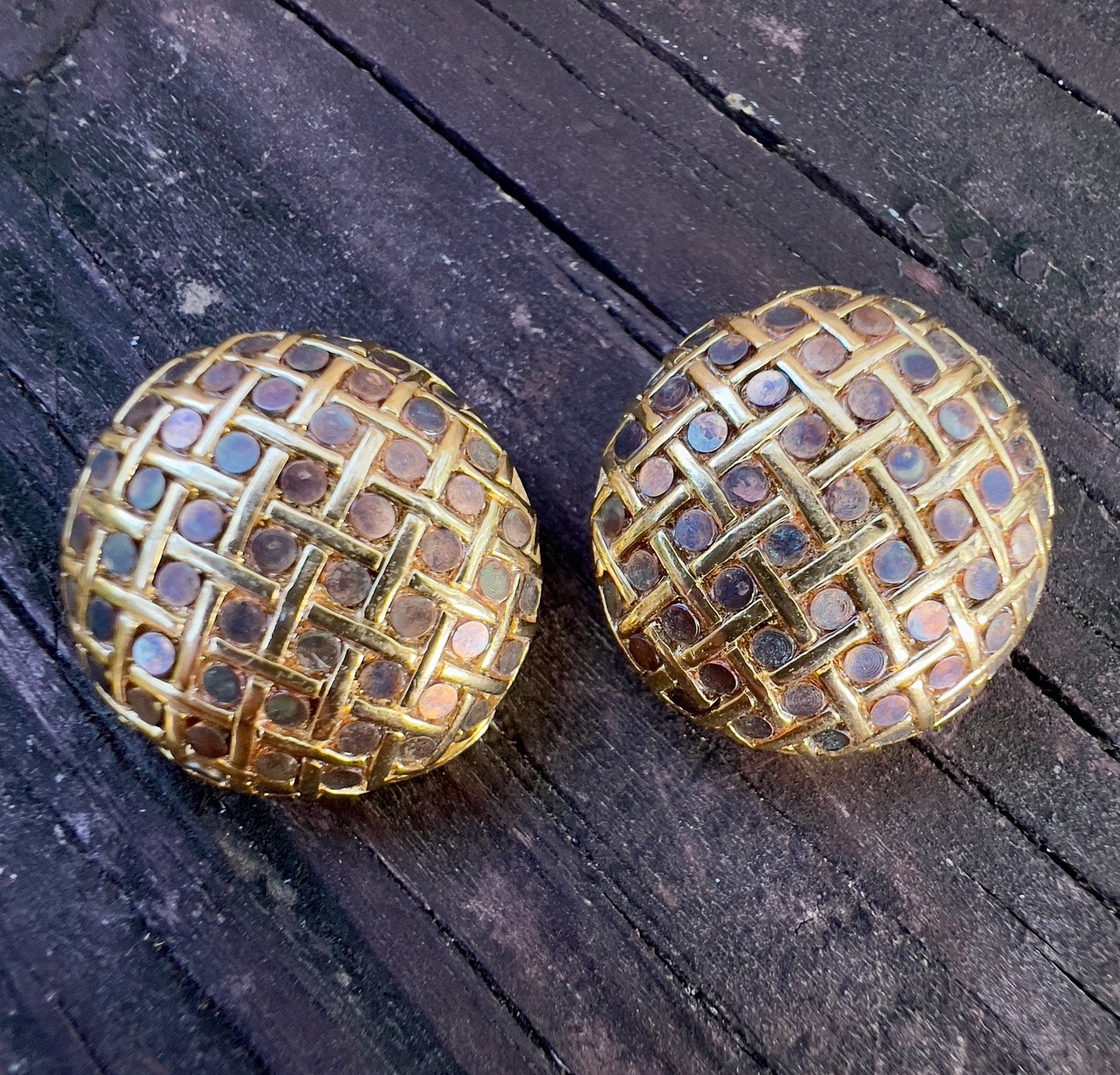 Vintage Orena Paris Woven Iridescent Gold Tone Button Clip Earrings Signed