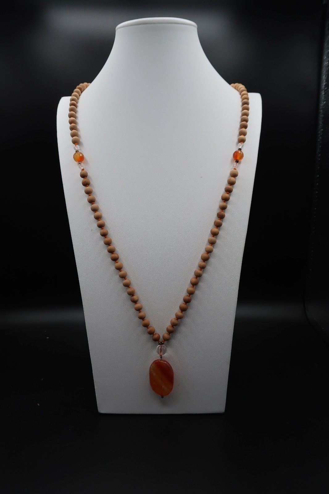 Vtg Hand Knot Strung Wood Bead Carnelian Agate Pendant Necklace Blooming Lotus