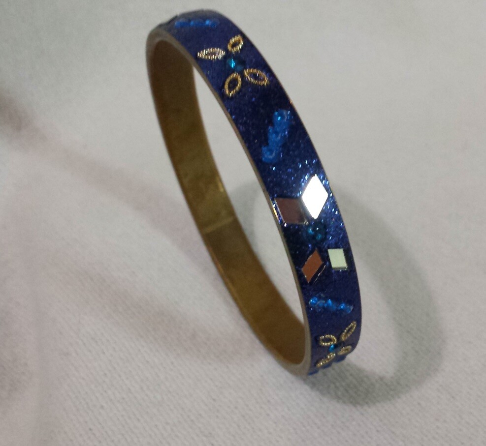 Vtg Blue Glitter Blue Stone Mirrored Bling Fashion Bracelet Womens Sz 8.25 India