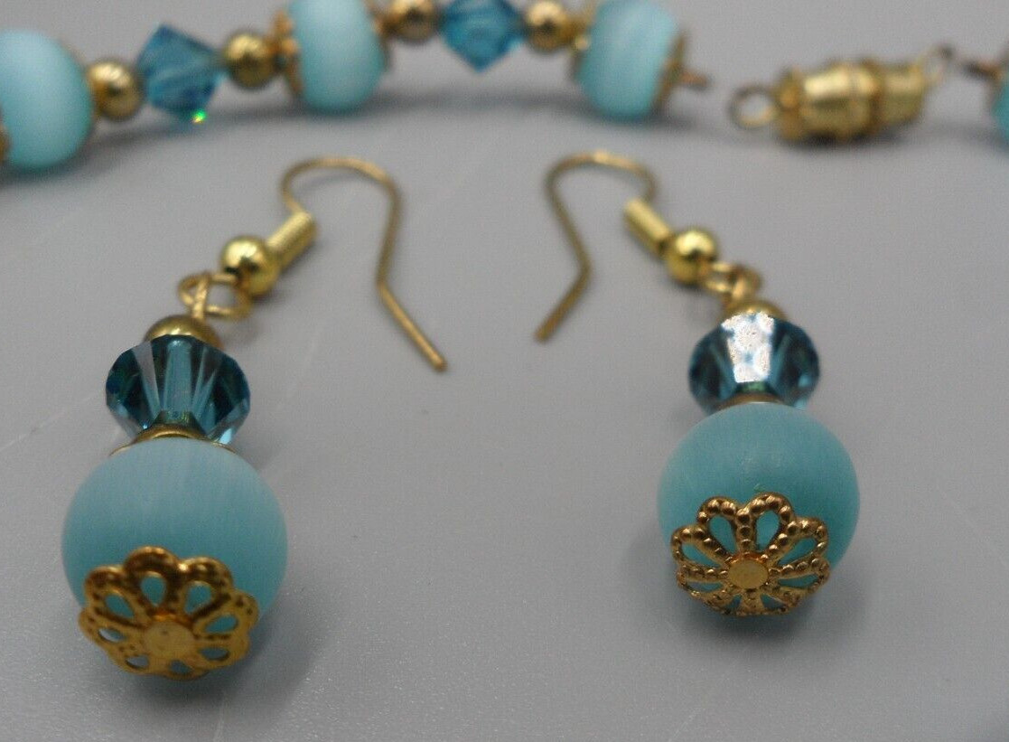 Vintage Jewelry Set Blue Cats Eye Glass Bicone Bead Necklace Bracelet Earrings