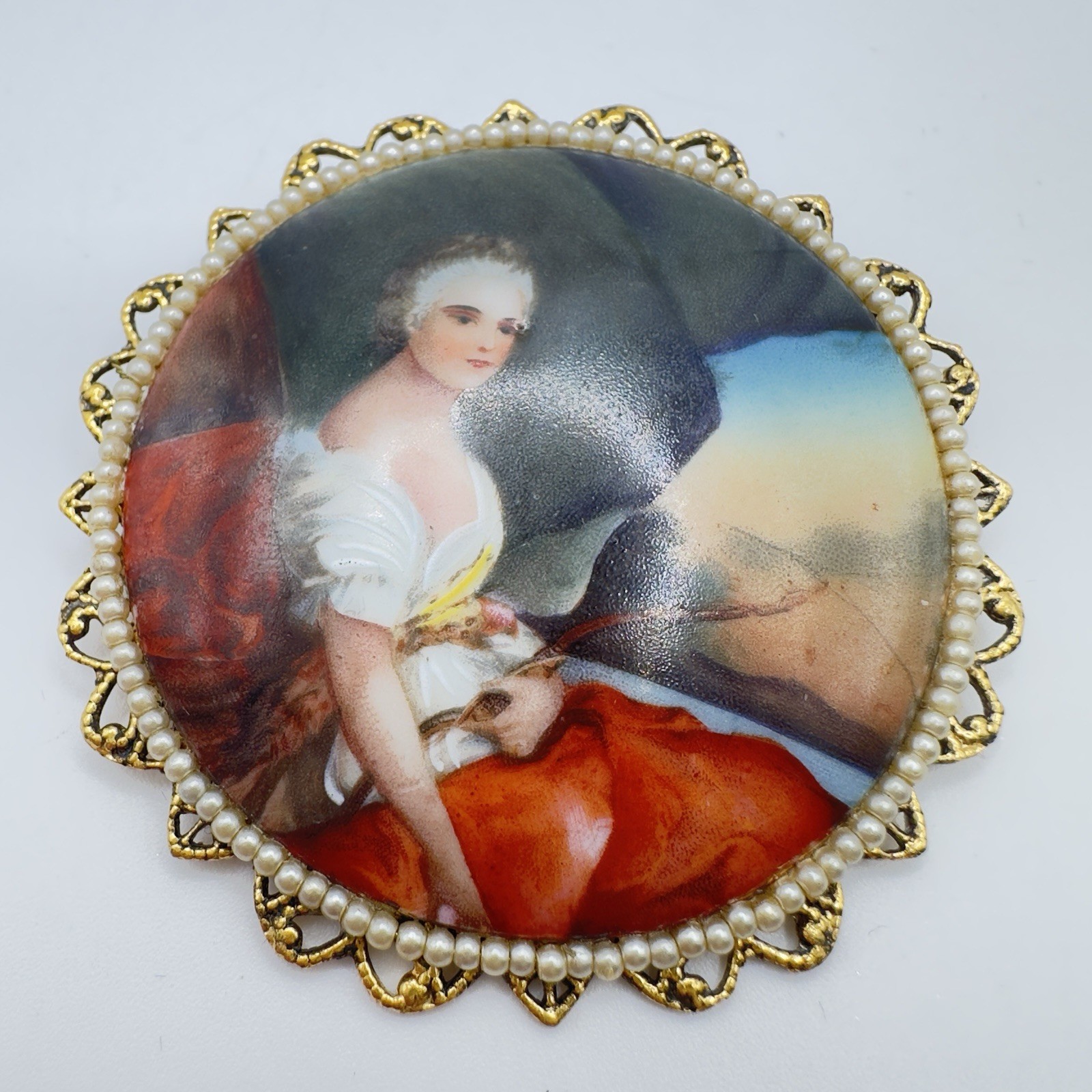 Vintage Porcelain Portrait Brooch Pendant Victorian Revival Faux Pearl Filigree