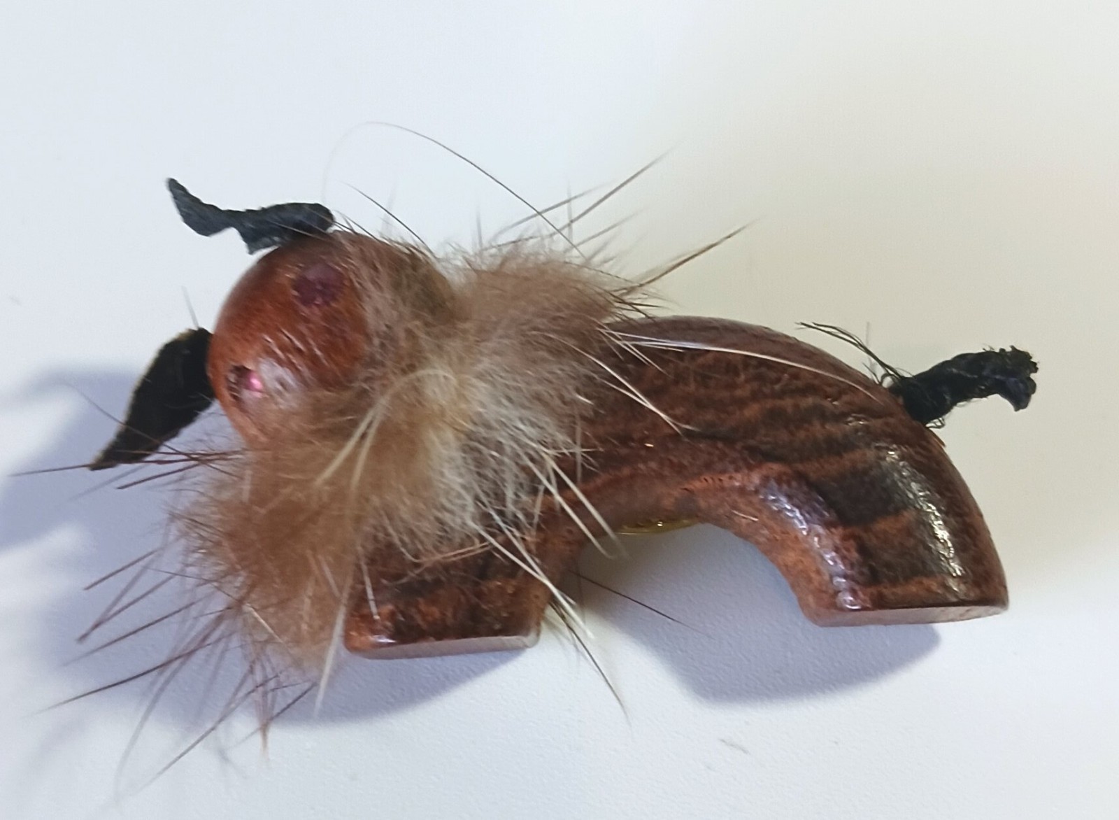 Vintage Wood, Fur, Leather, Rhinestone Animal Creature Brooch – Lion?