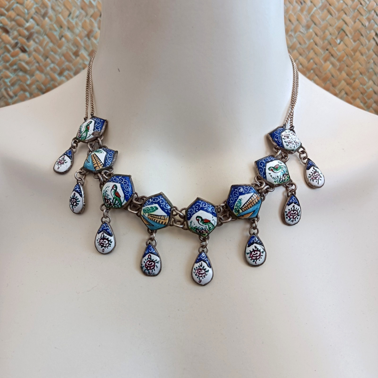 Boho Folk Art Middle Eastern Enamel Chandelier Necklace Blue Birds Landscape VTG