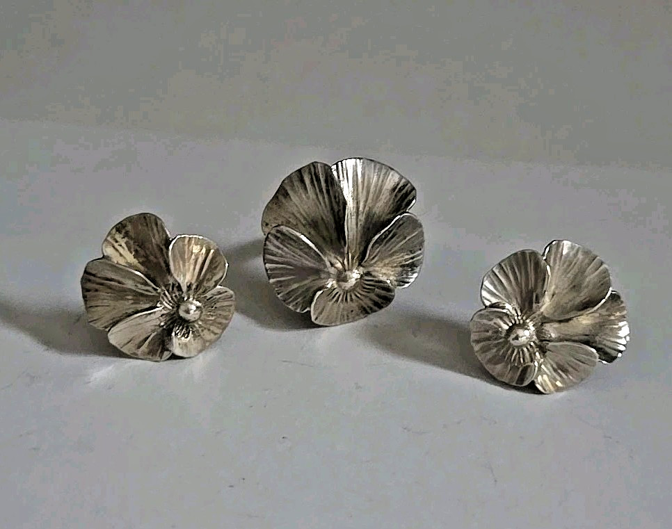 Vintage Sterling Silver Stuart Nye Pansy Screw Back Earrings and Ring Set