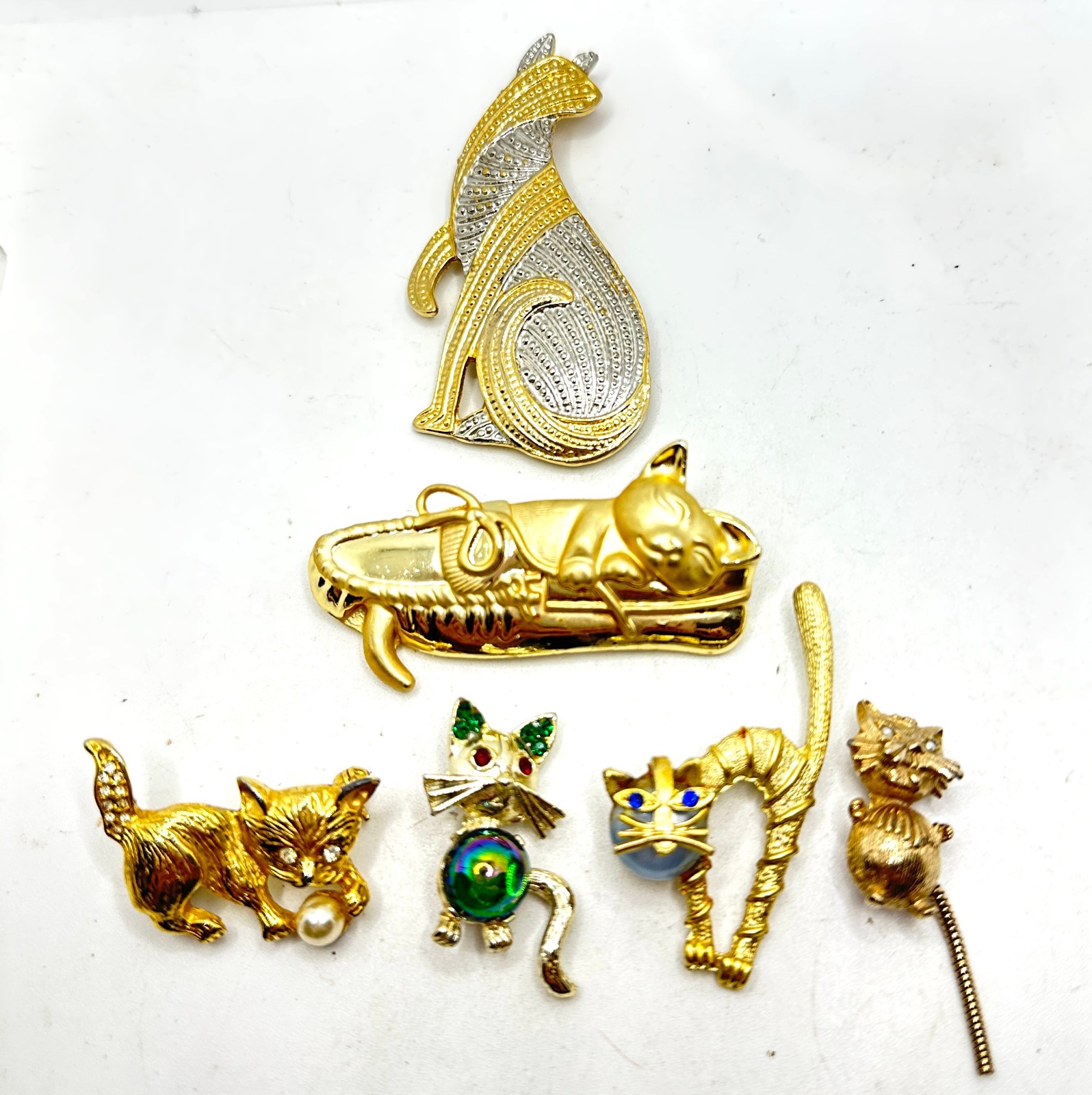 Lot Fun Gold Tone CAT Brooches, Jelly Belly, Rhinestone, Park Lane, AJC, Coro