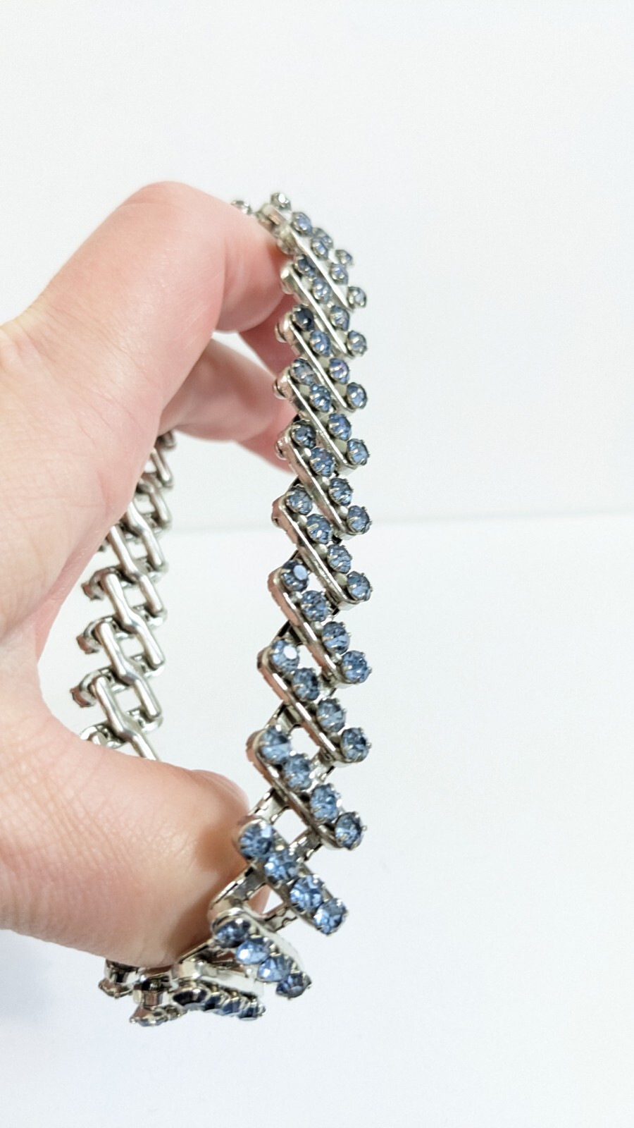 Light Blue Rhinestone And Silver Toned Expanding Bracelet Vintage