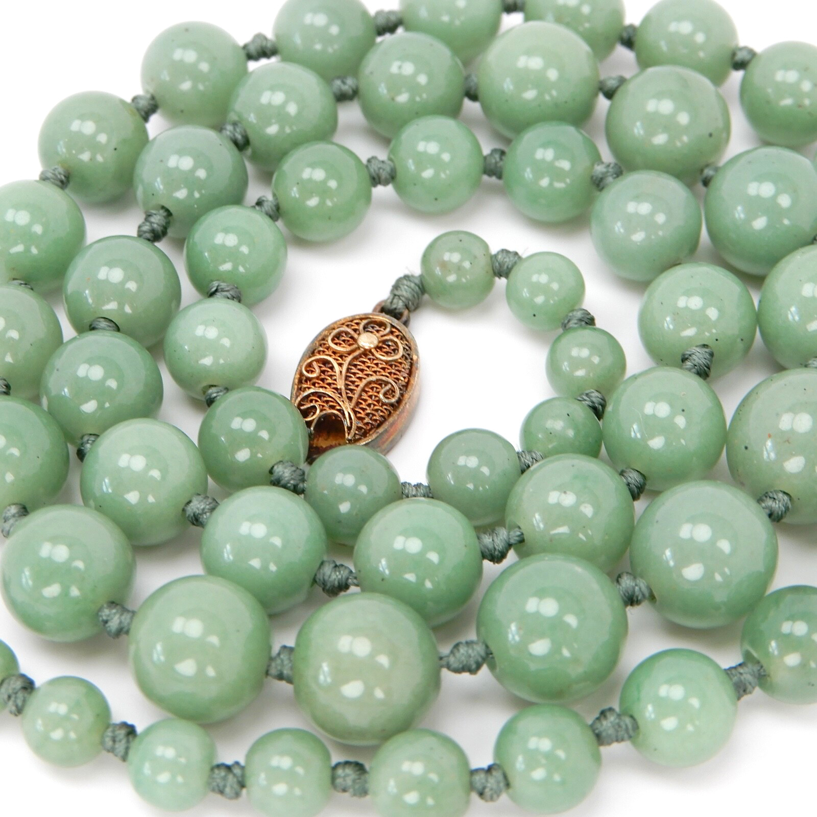 Vintage Green Jade Knotted Graduated Bead Necklace 23” 925 Silver Filigree Clasp