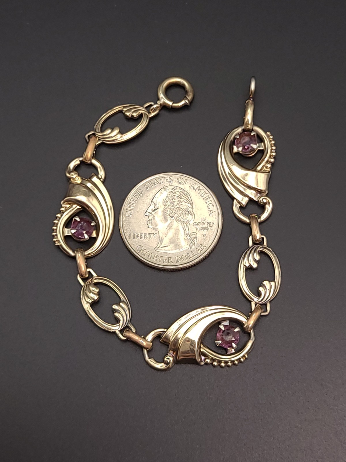 Vintage Harry Iskin 1/20 10K Gold Filled Purple Glass Bracelet 16cm