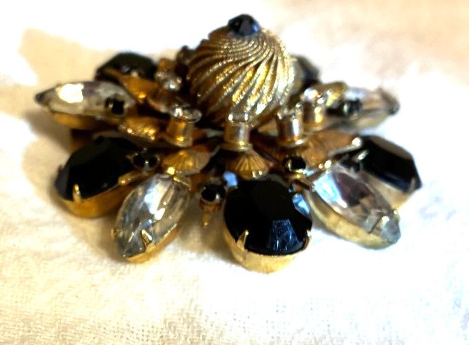 Antique Black Clear Rhinestone Facet Pin Brooch Dimensional Starburst Statement