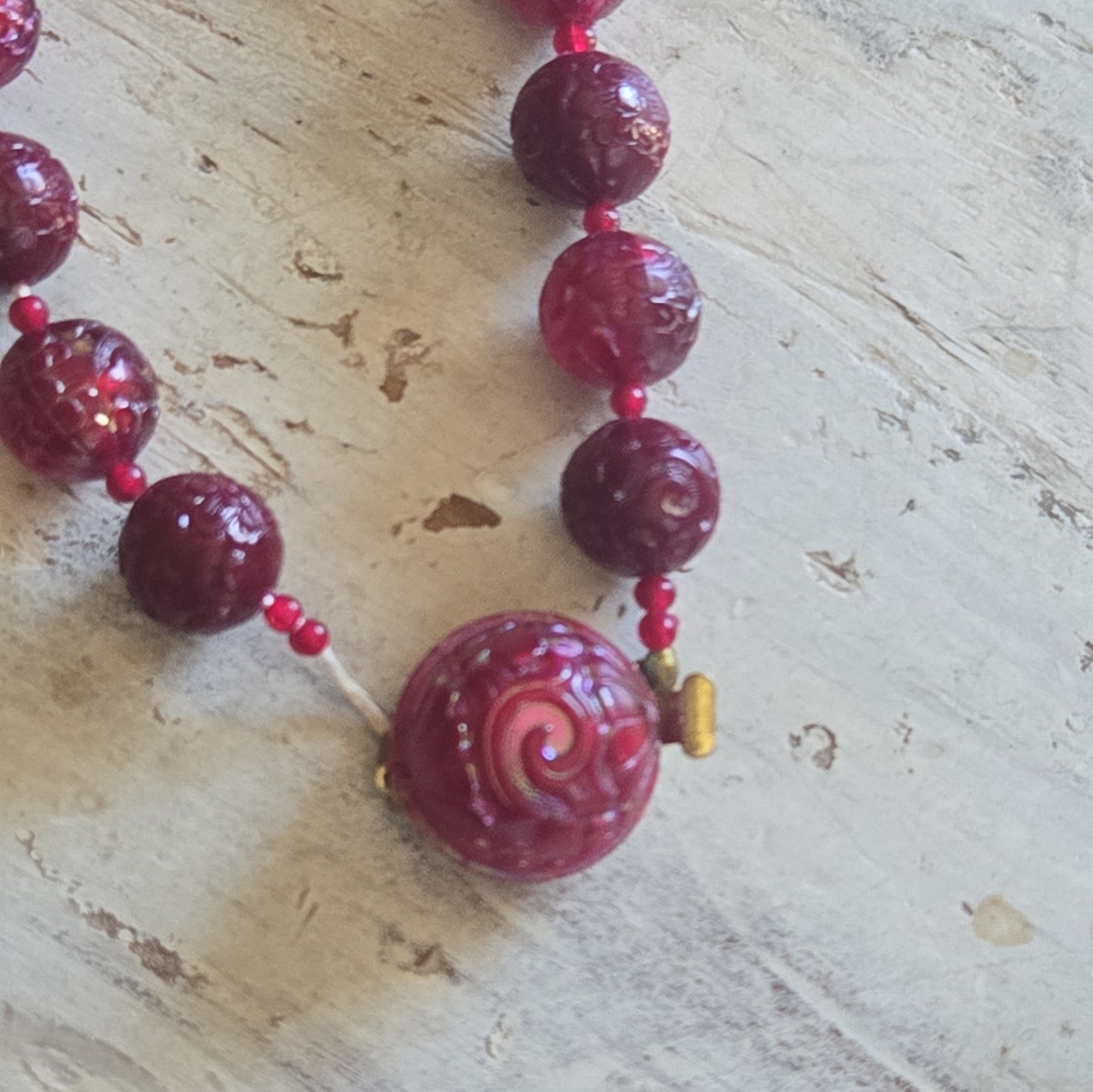 Vintage Austria Signed Red Iridescent Lucite or Resin Beaded 22″ Necklace