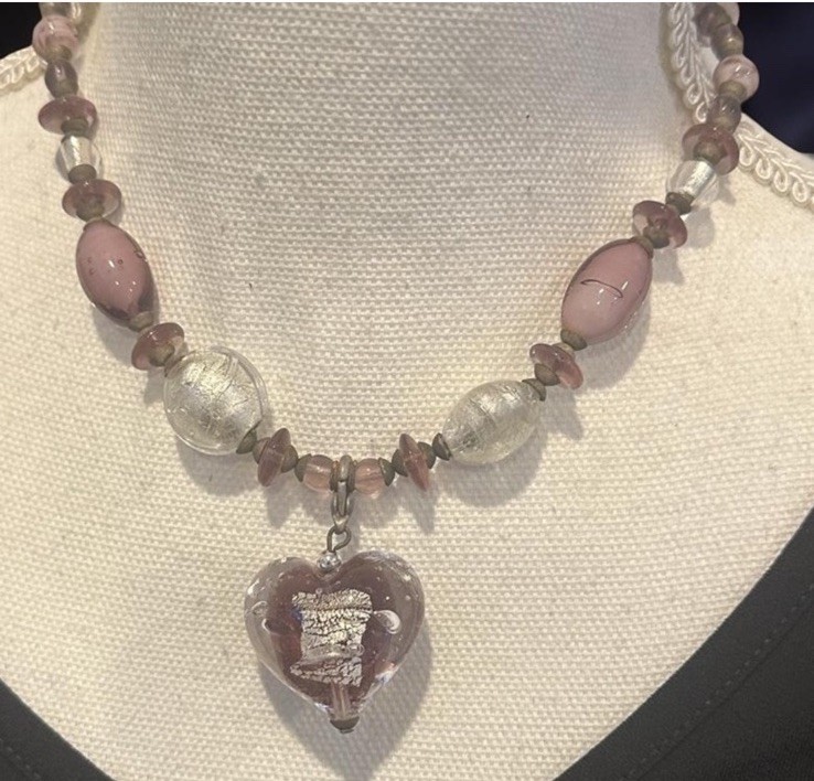 Vintage Hilary London Purple Puff Heart Glass Pendant & Beads Necklace