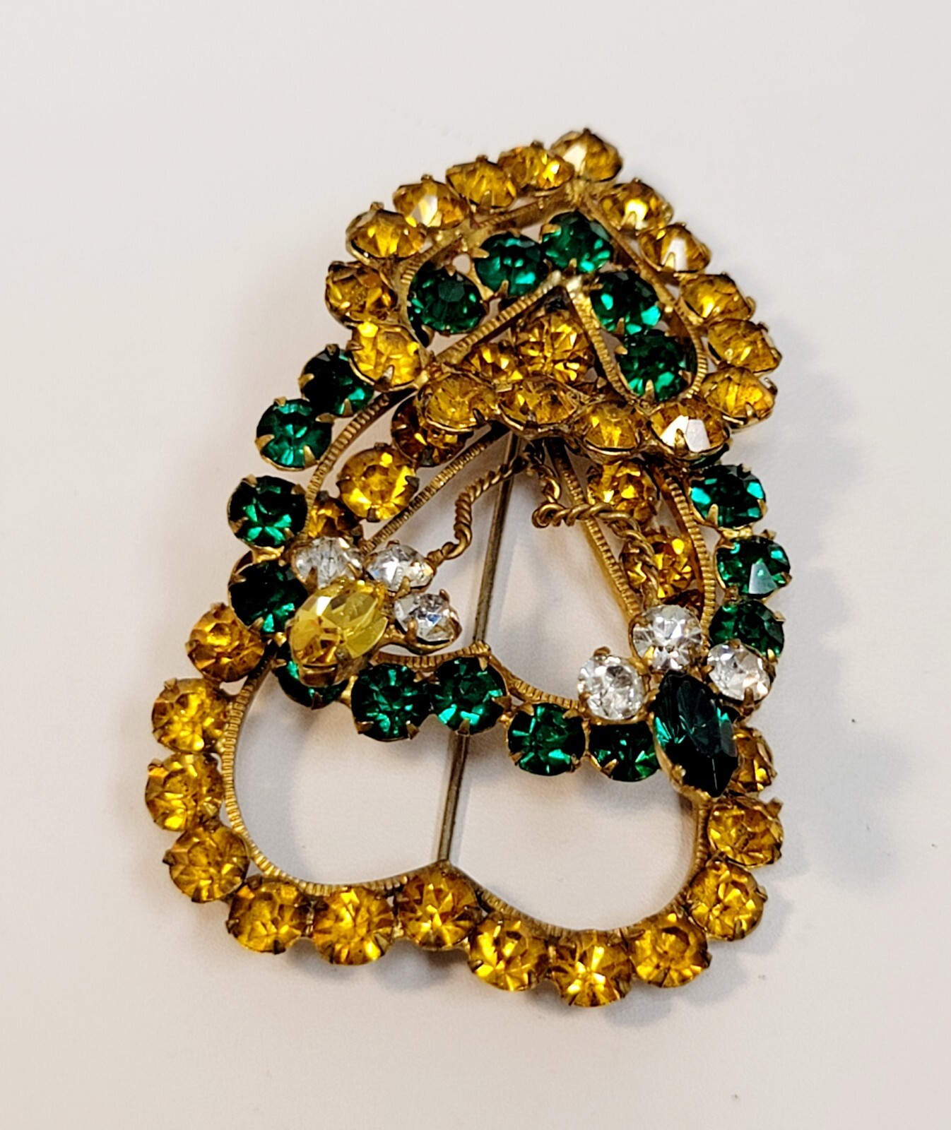 Vintage Original By Robert Fashioncraft 3 Hearts Brooch Green Yellow Rhinestones
