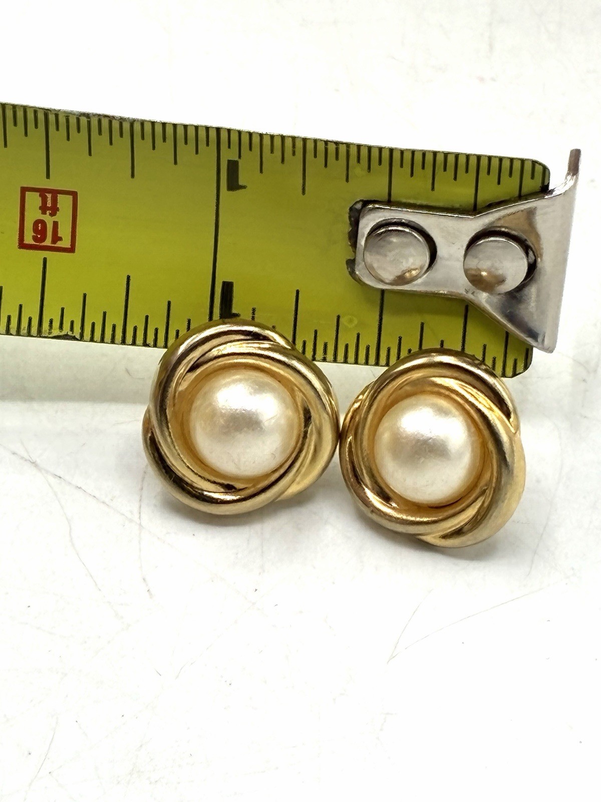 Vintage Faux Pearl Love Knot Swirl Stud Earrings Gold Tone Post Back