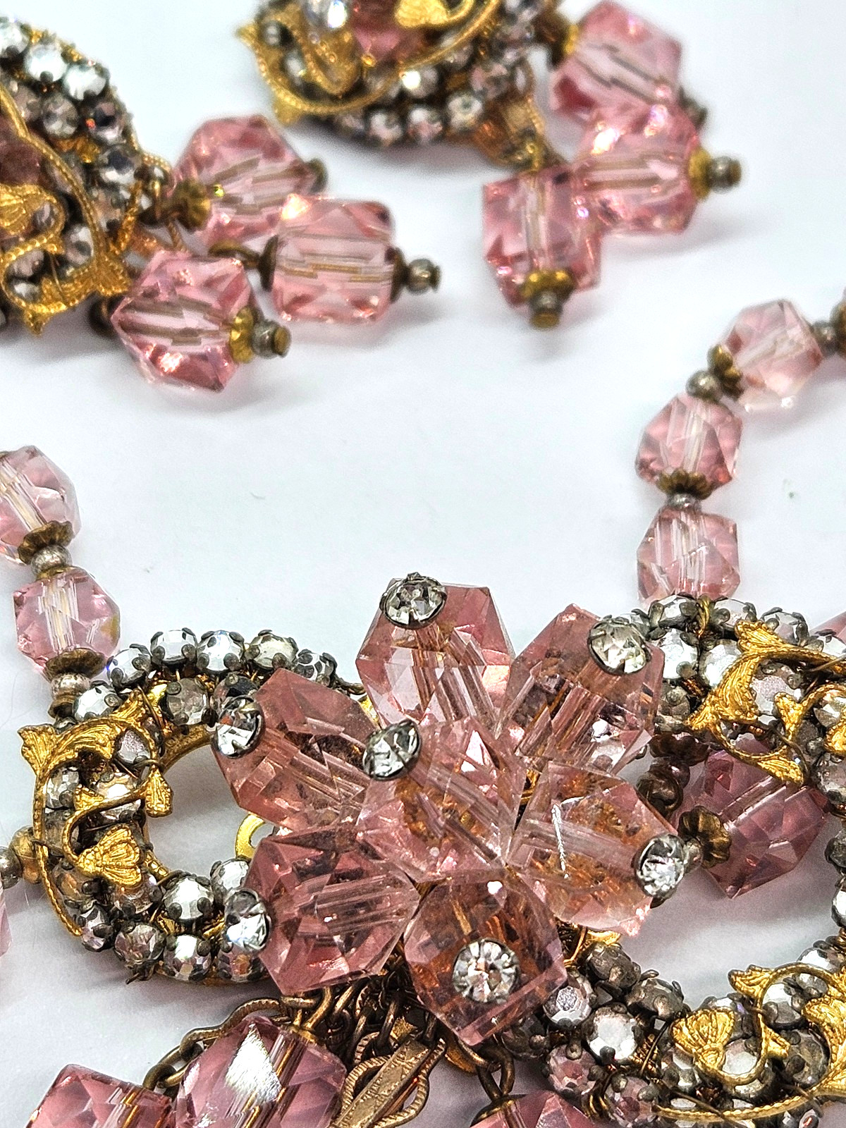 Vintage Original by Robert? Necklace & Earrings Pink Crystal Beads Rhinestones