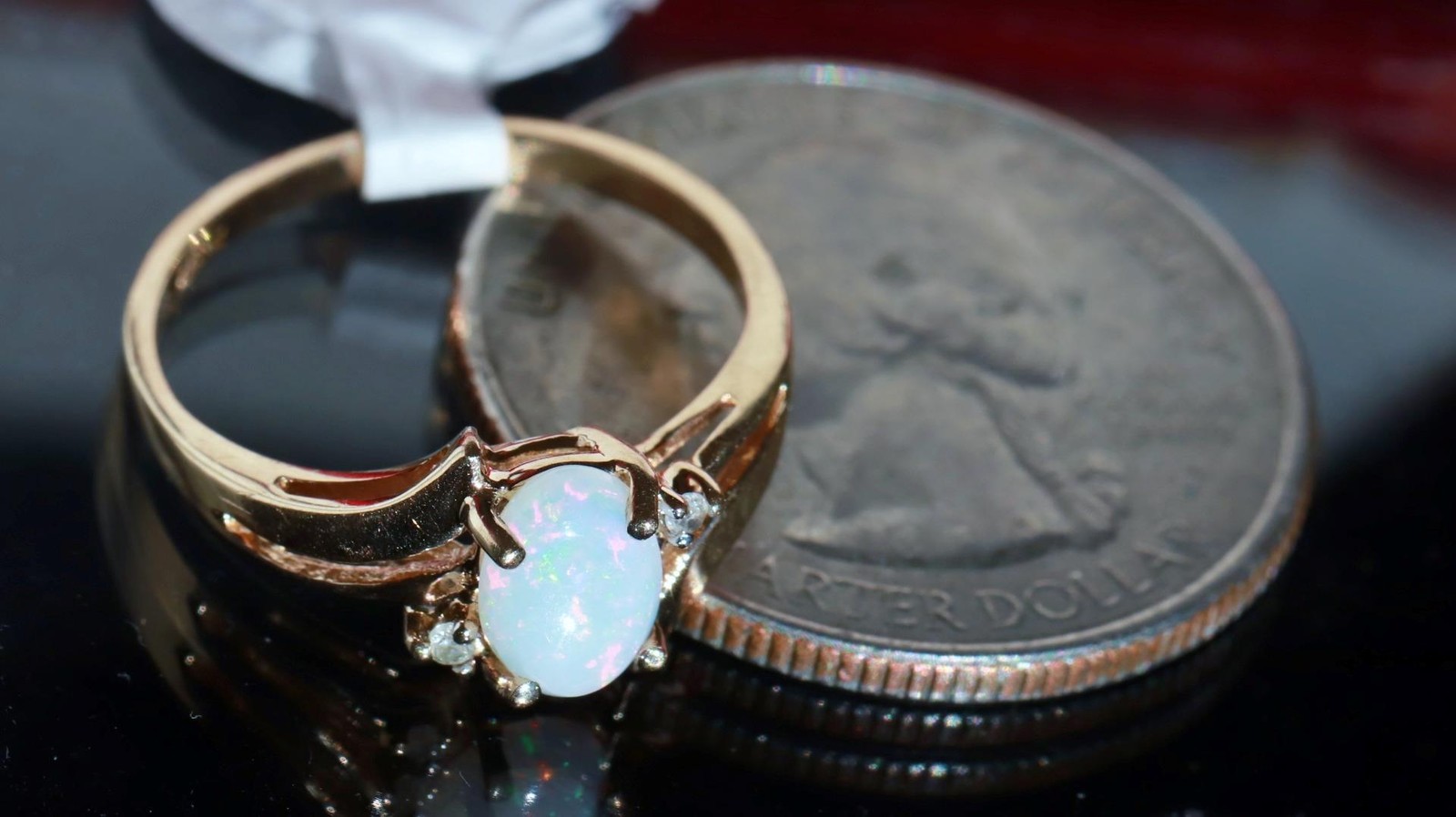 10k yellow gold size 5 ring 0.355ct Australian fiery opal diamond 1.52gr N3815