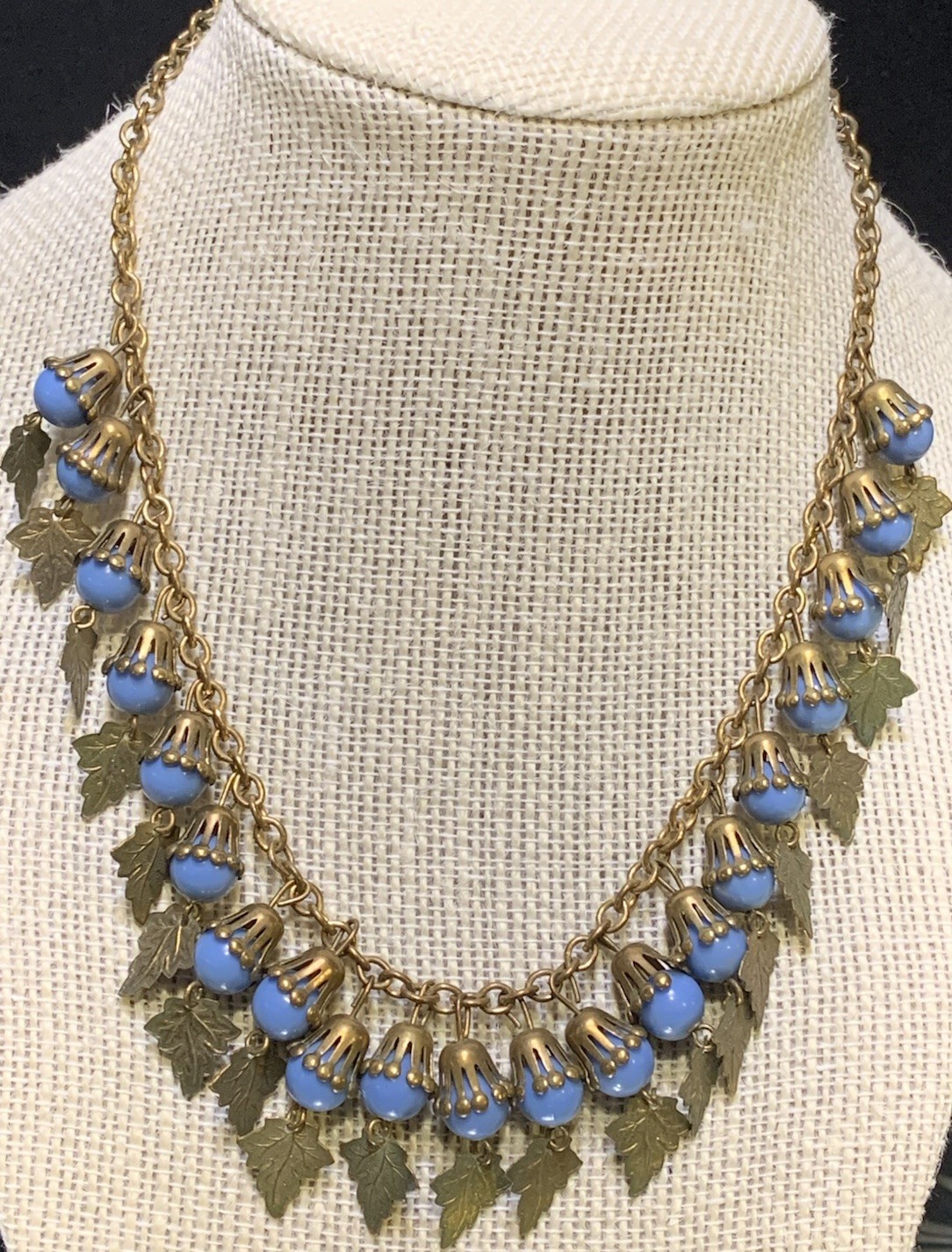 Vintage 16” Flower-like Capped Blue Celluloid Balls w/ Dangling Leaves Necklace