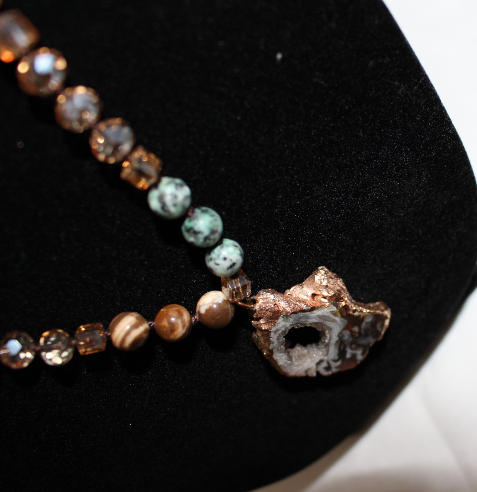 Estate Vintage Boho Necklace Crystal Druzy Brown Natural Stone Earthy Colors