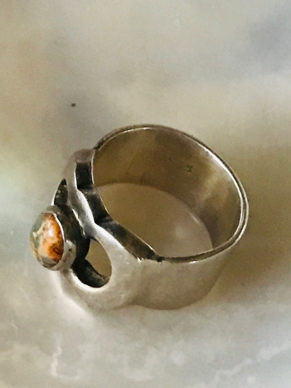Old Pawn 925 Marked Wide Silver Band w Oval Earthtones Stone Ring Currently Size