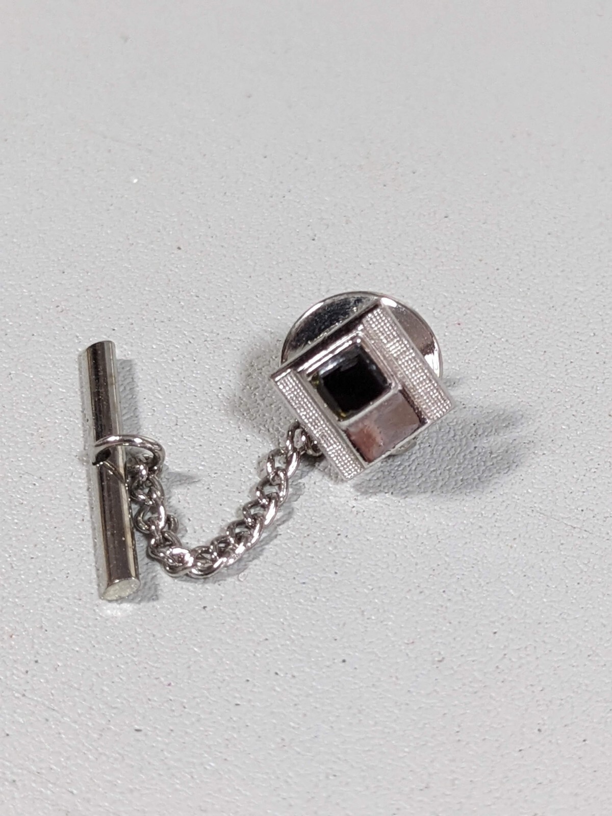 Vintage Swank Silver Tone Black Glass Square Tie Tack With Chain Pin