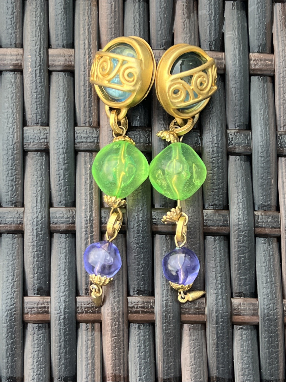 Vintage 1980s Artisan Drop Post Earrings Multi Colored Metal Work Gold Tone