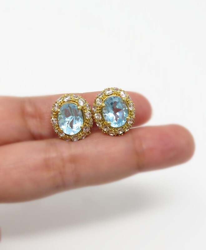 NYJEWEL 18k Yellow Gold Blue Topaz & Clear Stone Omega Back Earrings