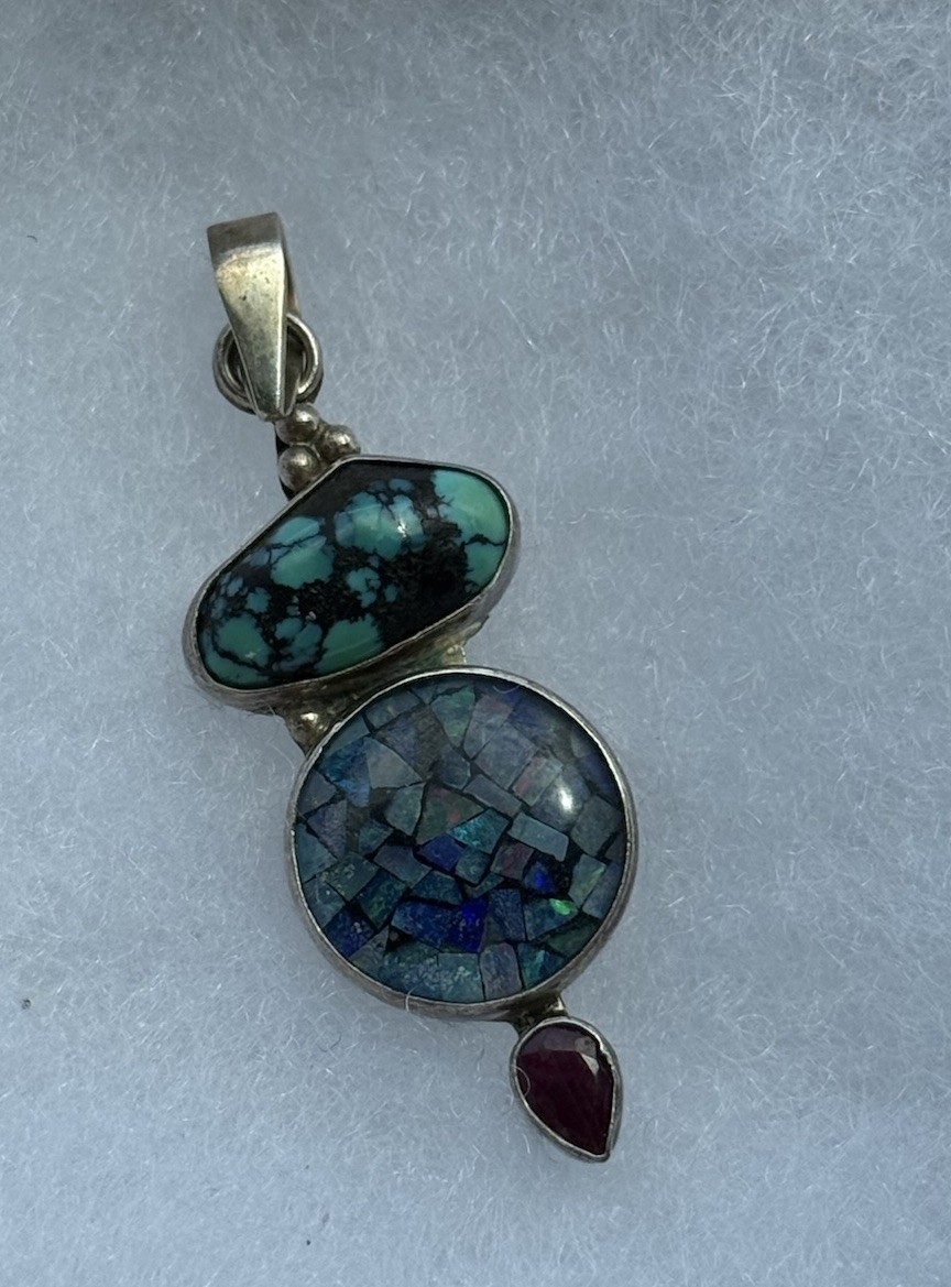 Vintage Sterling Silver Pendant W/ Turquoise, Opal Mosaic Inlay, Garnet 1.7 Inch