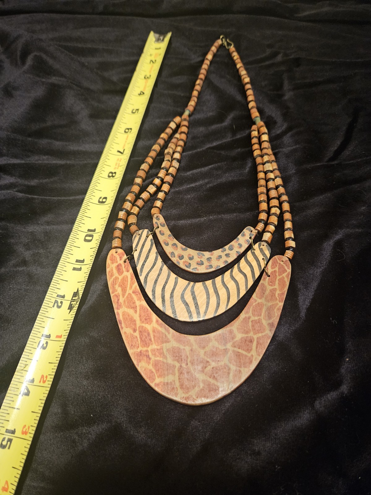Vintage Handpainted Wood Kenyan Folk Art Safari Necklace, 14″
