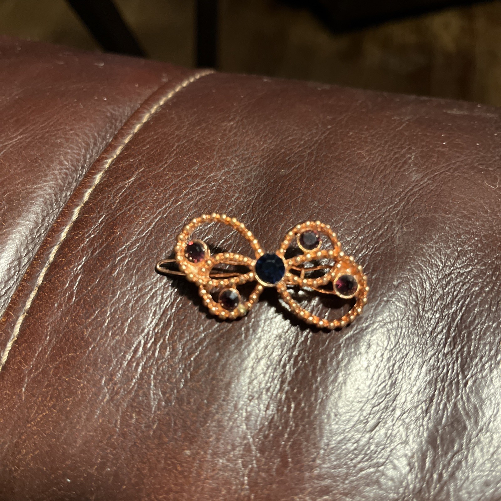 Vintage Rose Gold Toned Bow Pin With Blue And Purple Rhinestones