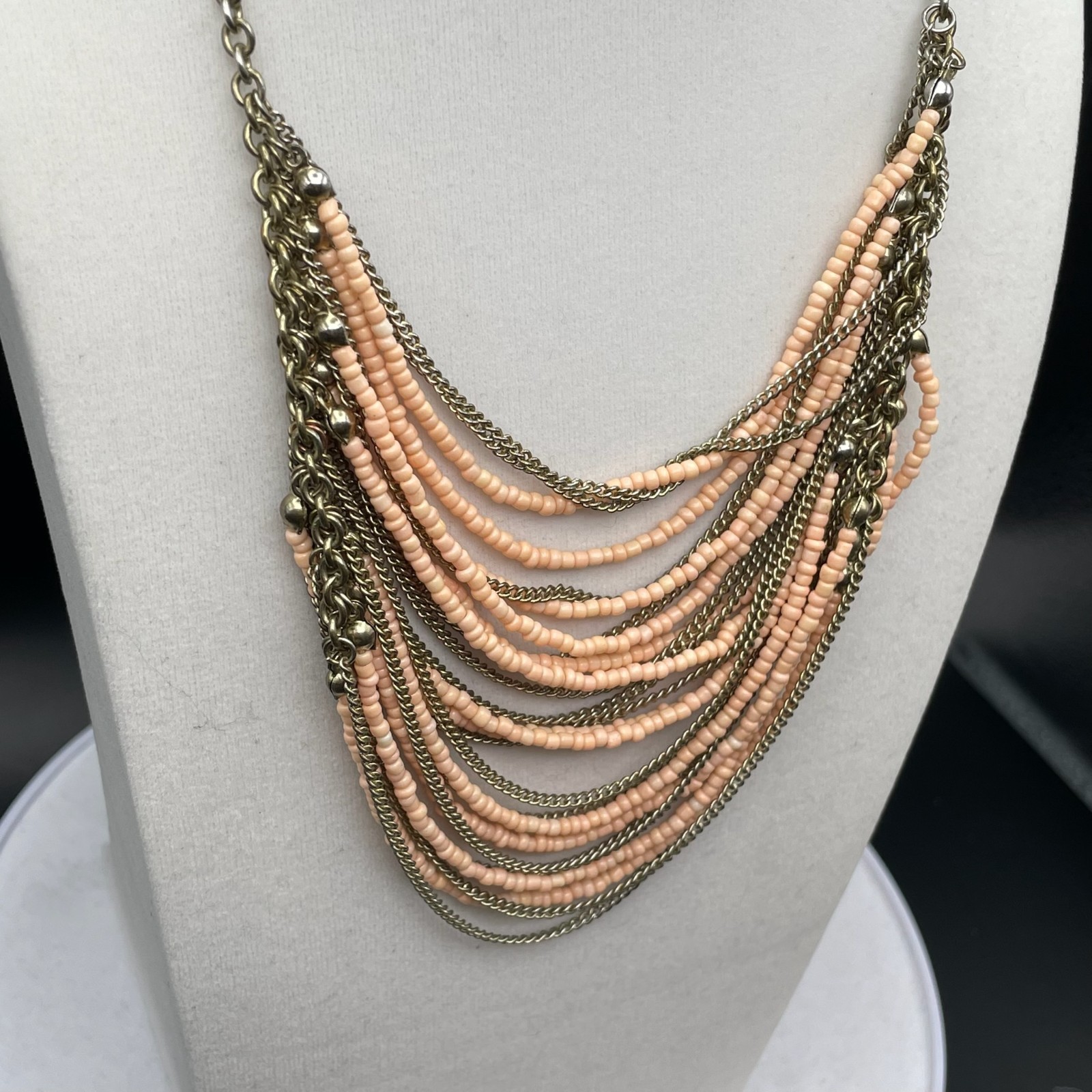 Vintage VTG Multistrand Collar Necklace Peach Seed Beads Brass Chain Aluminum