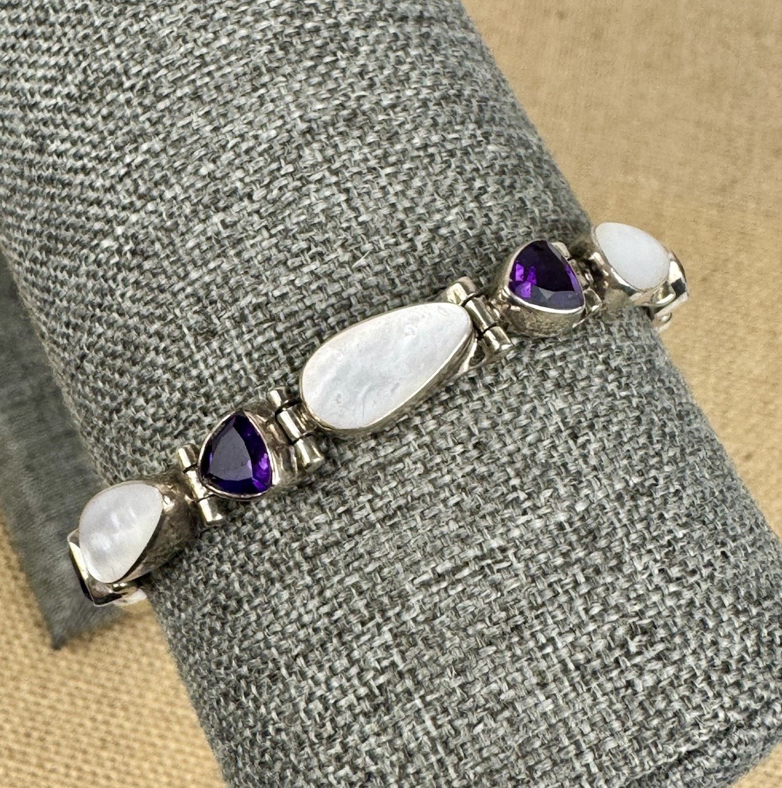 Vintage Acleoni Silver 925 Trillion Amethyst & Luminous Mother Of Pearl Bracelet