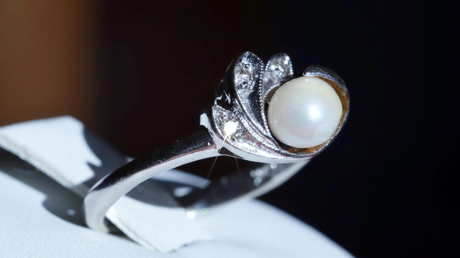 10k white gold size 6.75 ring 5.3mm cultured pearl natural diamond antique 2.28g