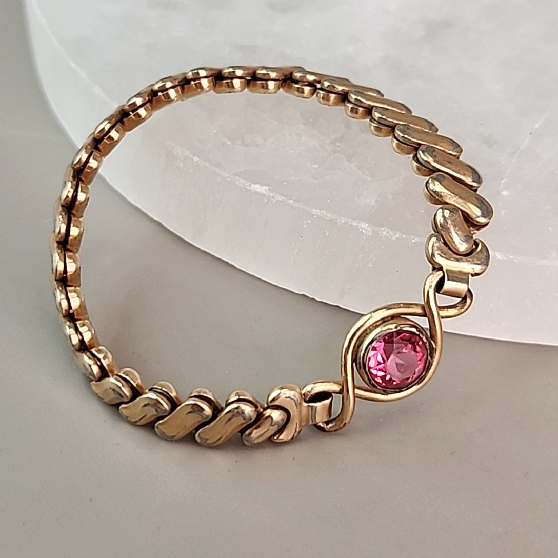 Vintage Sweetheart Expandable Bracelet 12K Gold Filled Pink Rhinestone