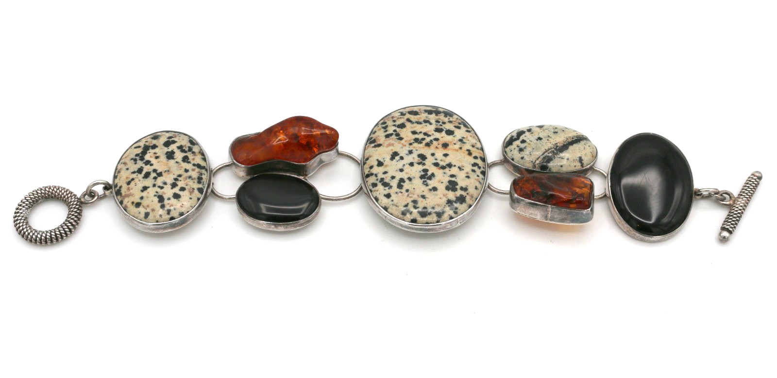 AKR Amy Kahn Russell 925 Sterling Silver Dalmatian Jasper, Amber & Onyx Bracelet