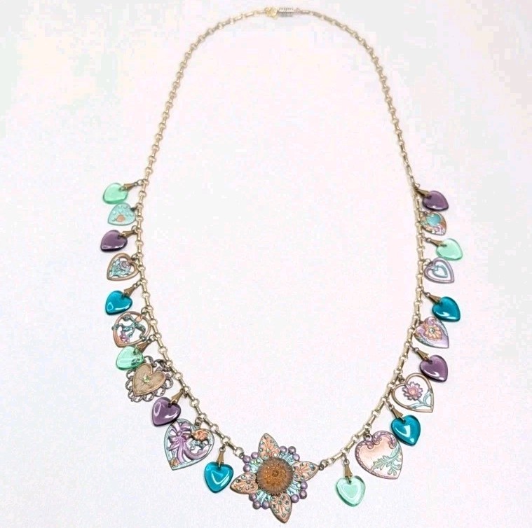 Vintage Glass Works Studio Heart Charms Multicolor Hearts Theme Necklace 30 In