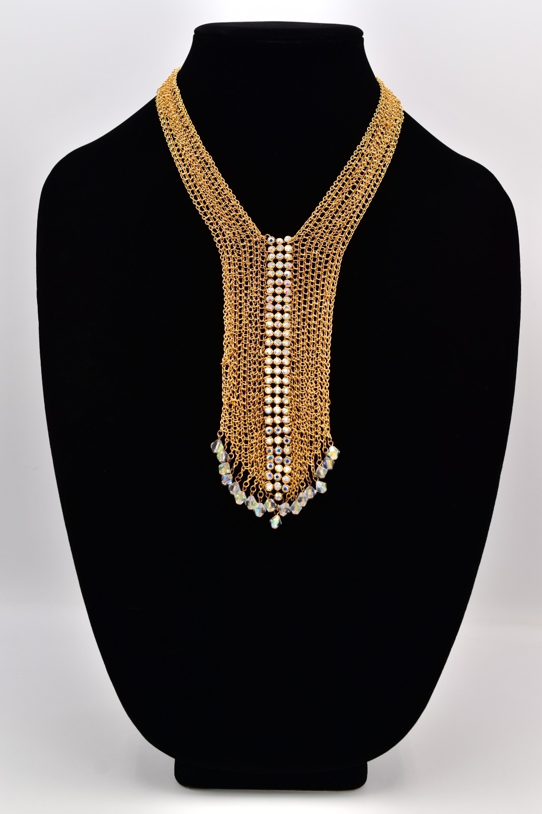 Felicia Vintage Gold Mesh Bib Necklace AB Rhinestone Crystal Fringe 1990s BinBN