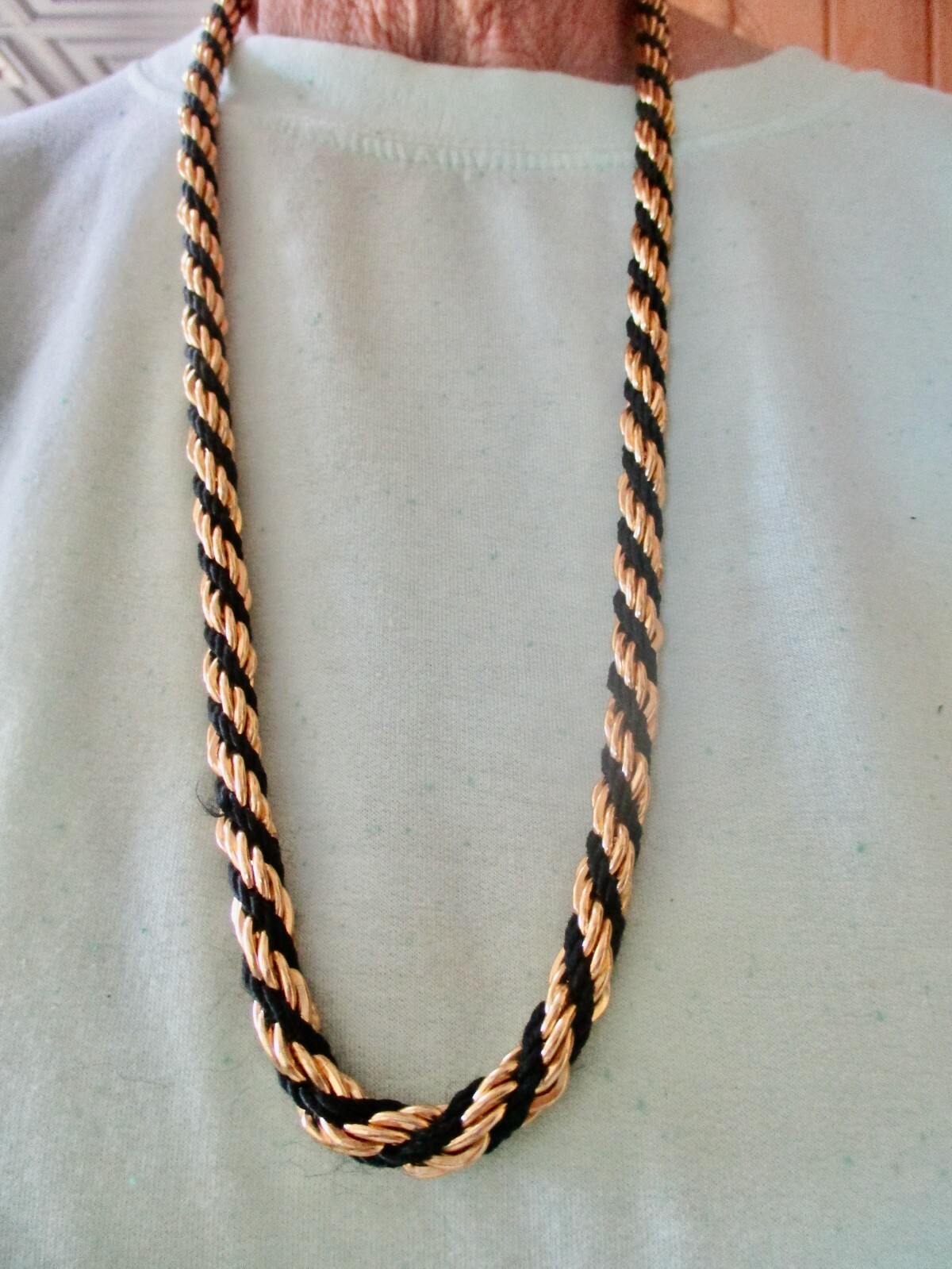 Vintage-1980’s Lady Remington Wide Gold Tone w/Black Fabric Intertwined Necklace