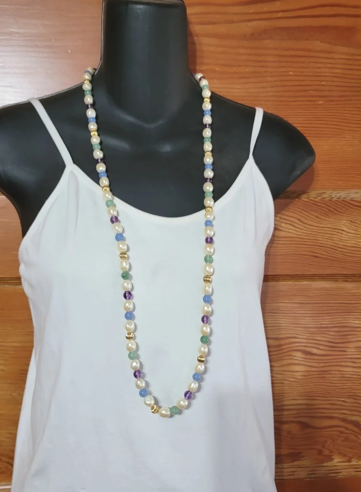 Pastel Long Beaded Necklace 34” Blue Purple Green Vintage Jewelry