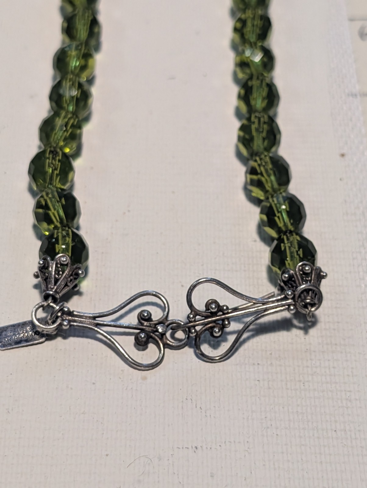 16″ Vtg Green Glass Beaded Necklace Flower Clasp Morocco