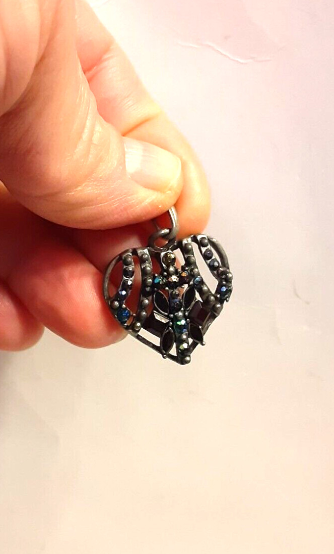Vintage Pewter Openwork Pendant or Zipper Pull w/Enamel & Rhinestones