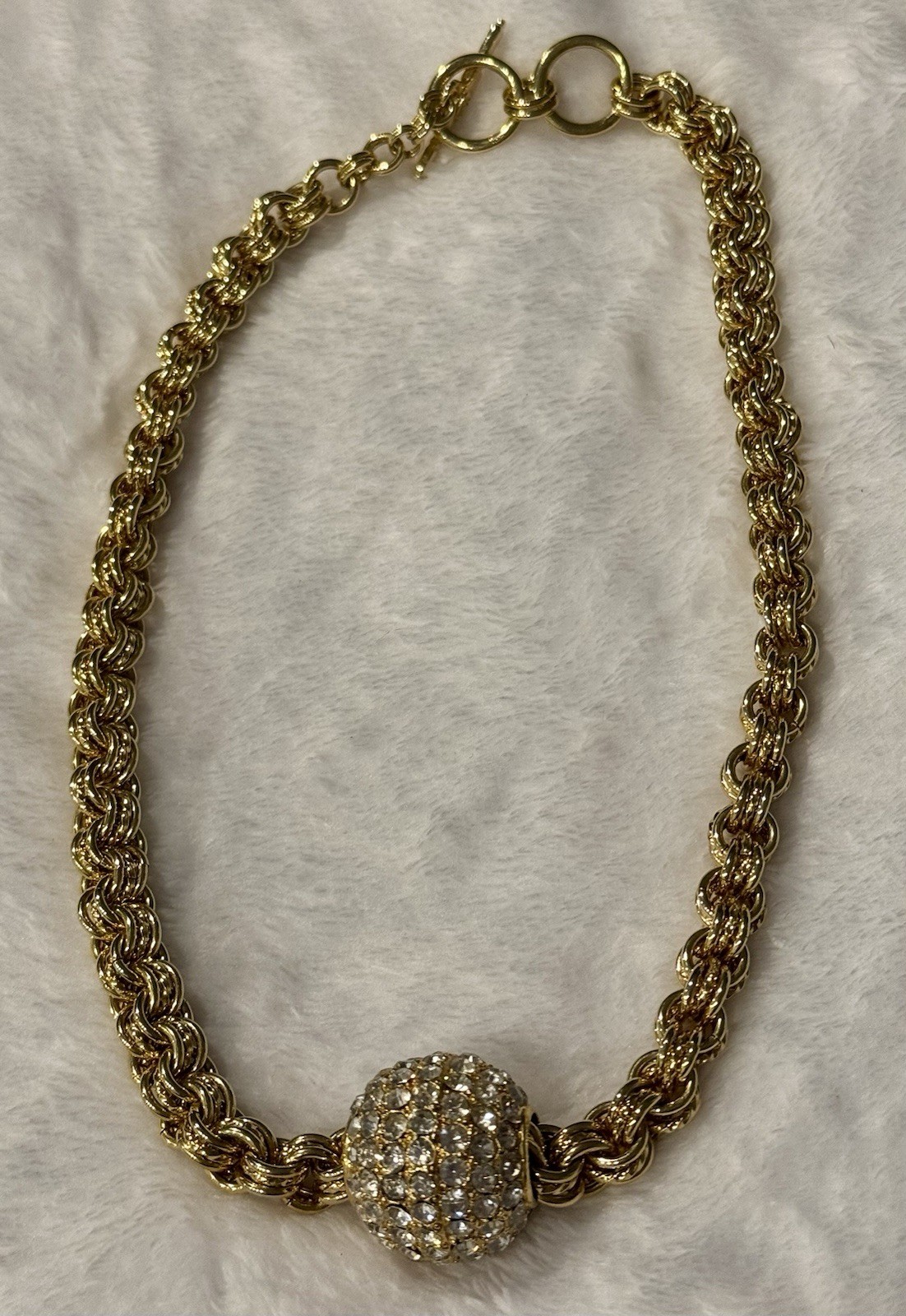 Kenneth Jay Lane KJL Signed 20” Knot Necklace with Crystal Ball Slider