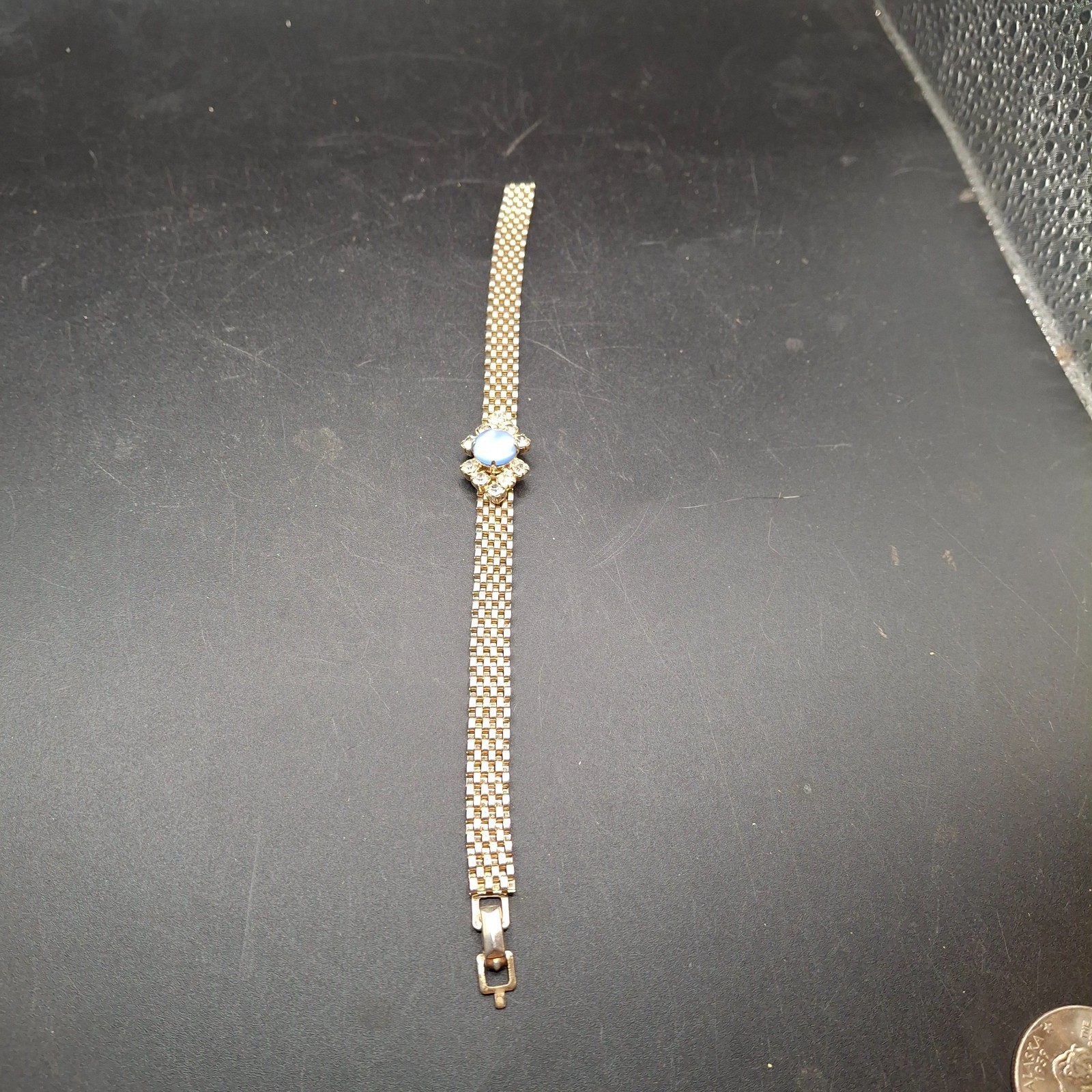 Vintage Gold Tone Mesh Bracelet Blue Moonstone Faux Cabochon Repair As Is Retro