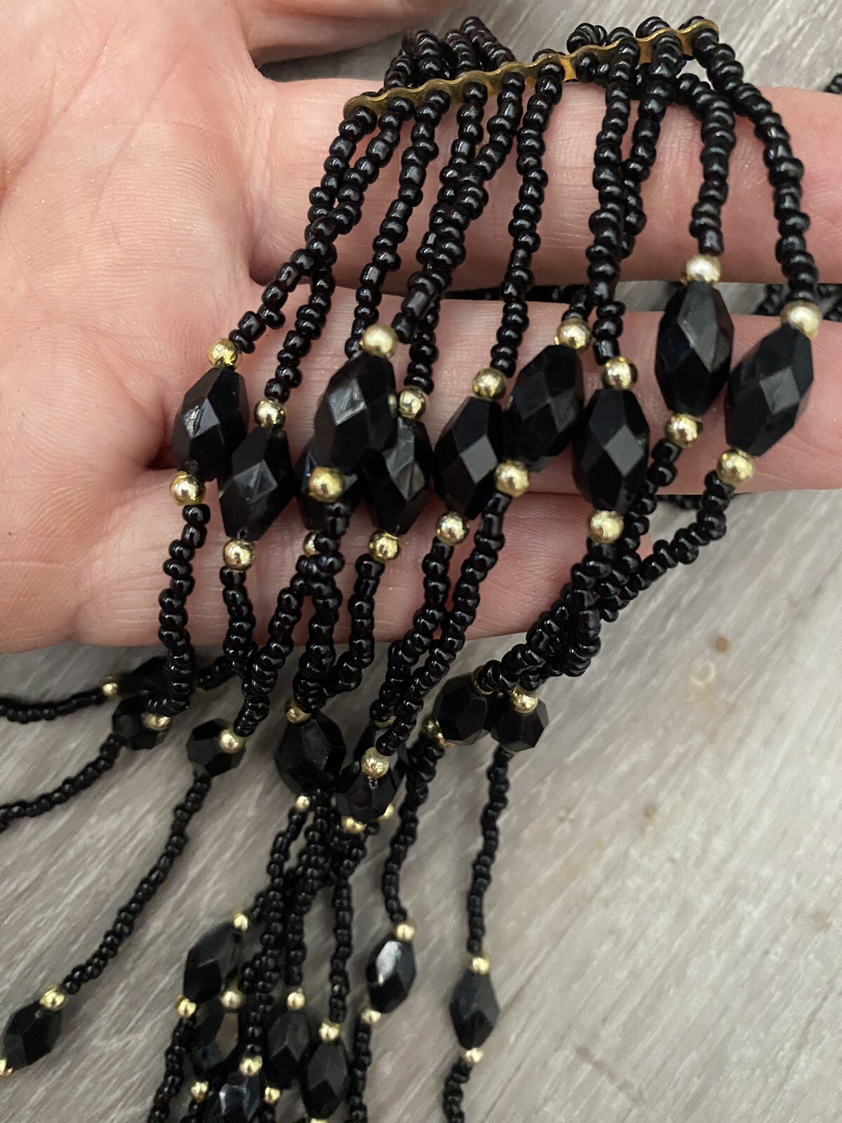 Vintage Jet Beaded Layered Long Statement Necklace, 10 Strand, Gold Accents
