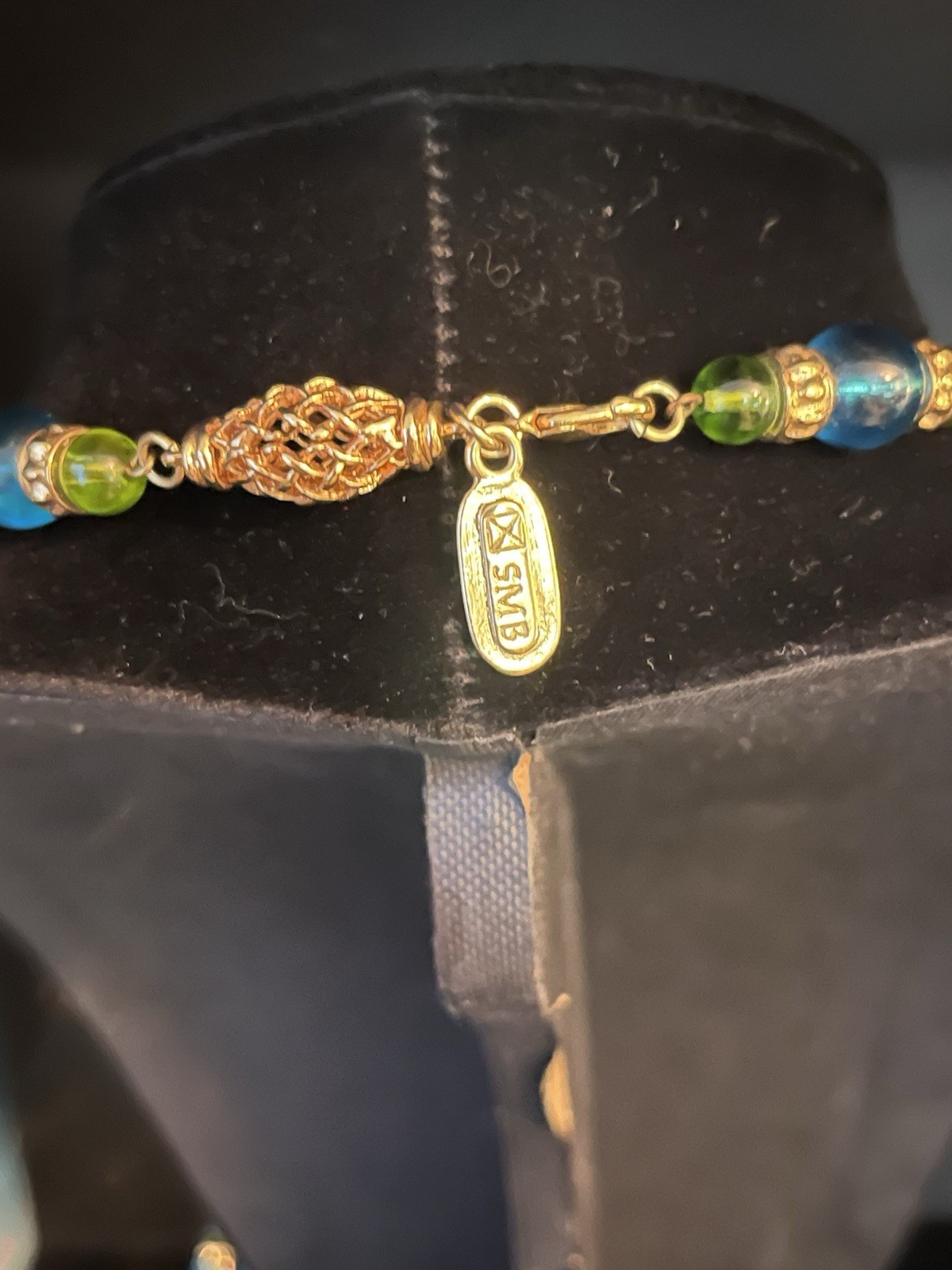 Sandra Miller Burrows(SMB) Gold-tone Filigree Necklace with Blue and Green Beads