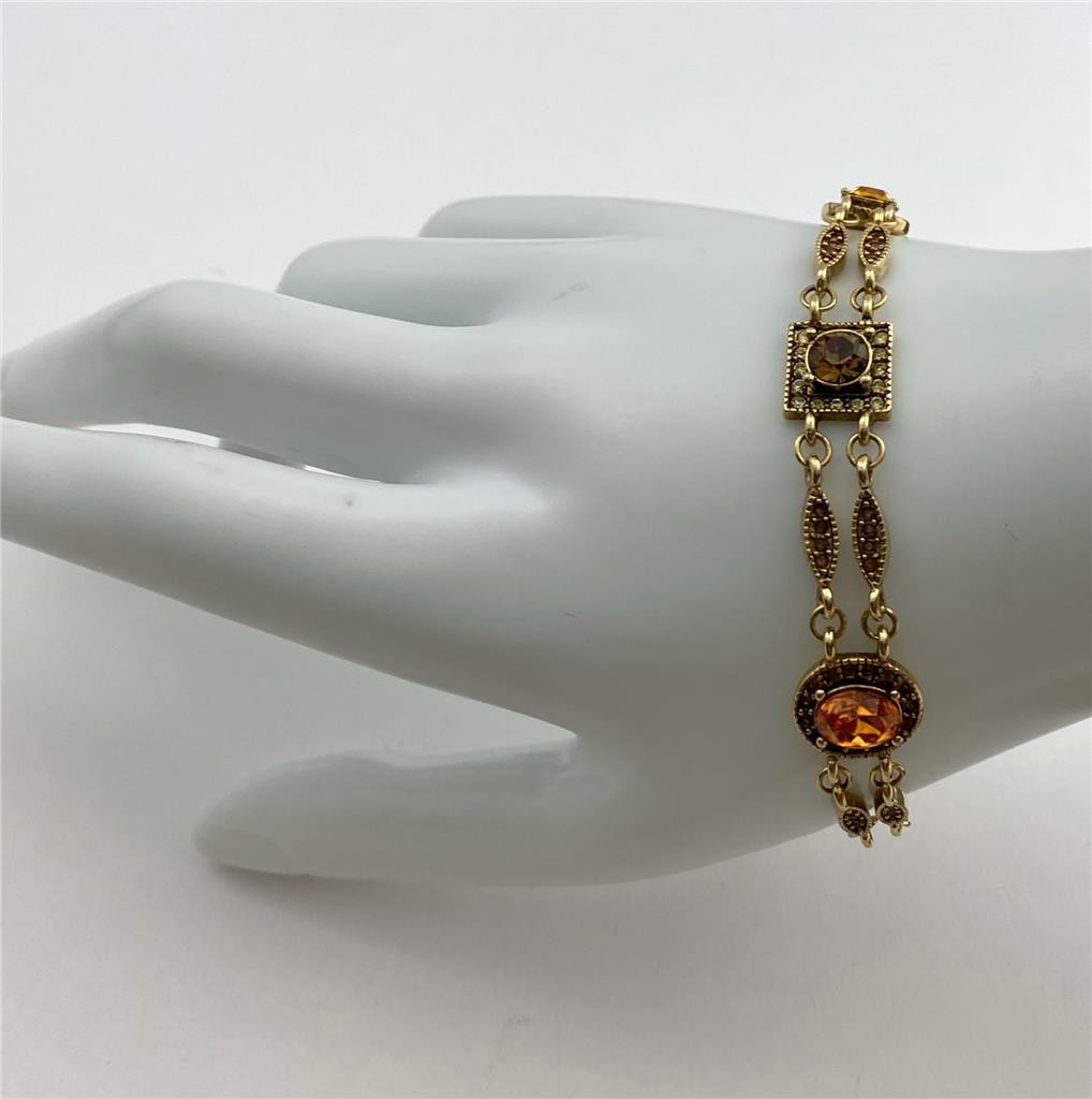 Premier Designs Retired Honey Amber Crystals Gold T Chain Station Bracelet 7.5″L