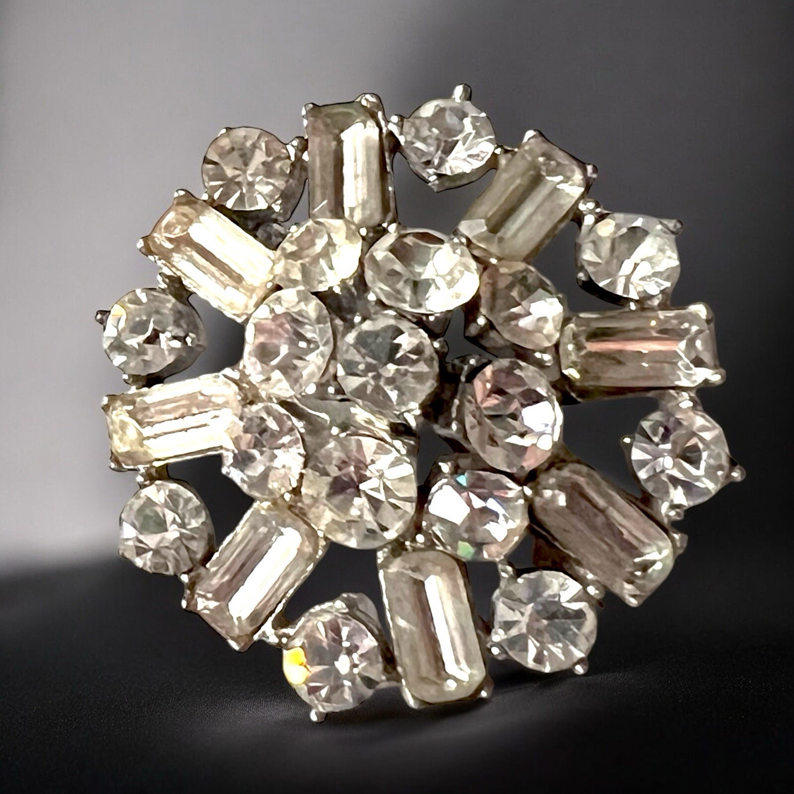 Large Starburst Rhinestone Brooch Vintage Atomic Domed Baguette Pin Vintage
