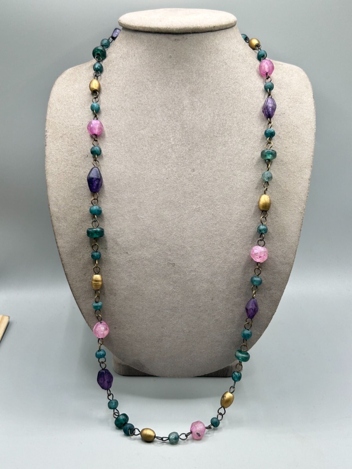 Purple Blue And Pink Pressed Glass Beaded Necklace Dyed Beads 30″ Long Single St