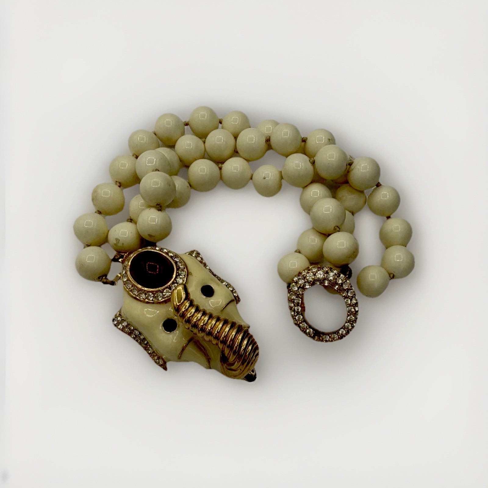 Vintage Ciner Elephant Bracelet Ivory Beads Red Cabochon Gold Tone Rhinestone