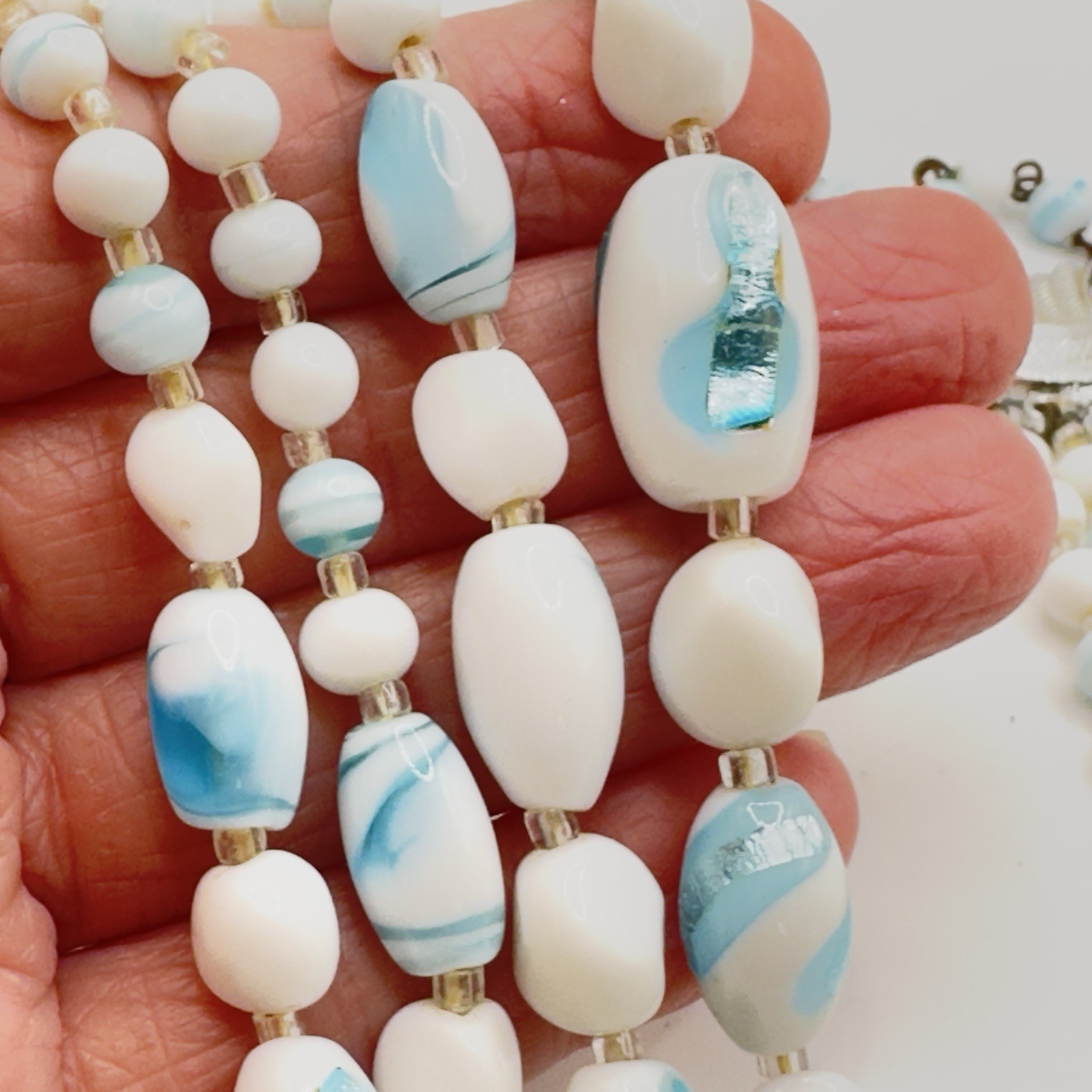 Vintage Multi 4 Strand Necklace Blue White Art Glass Beaded 17″ Choker Bib Japan