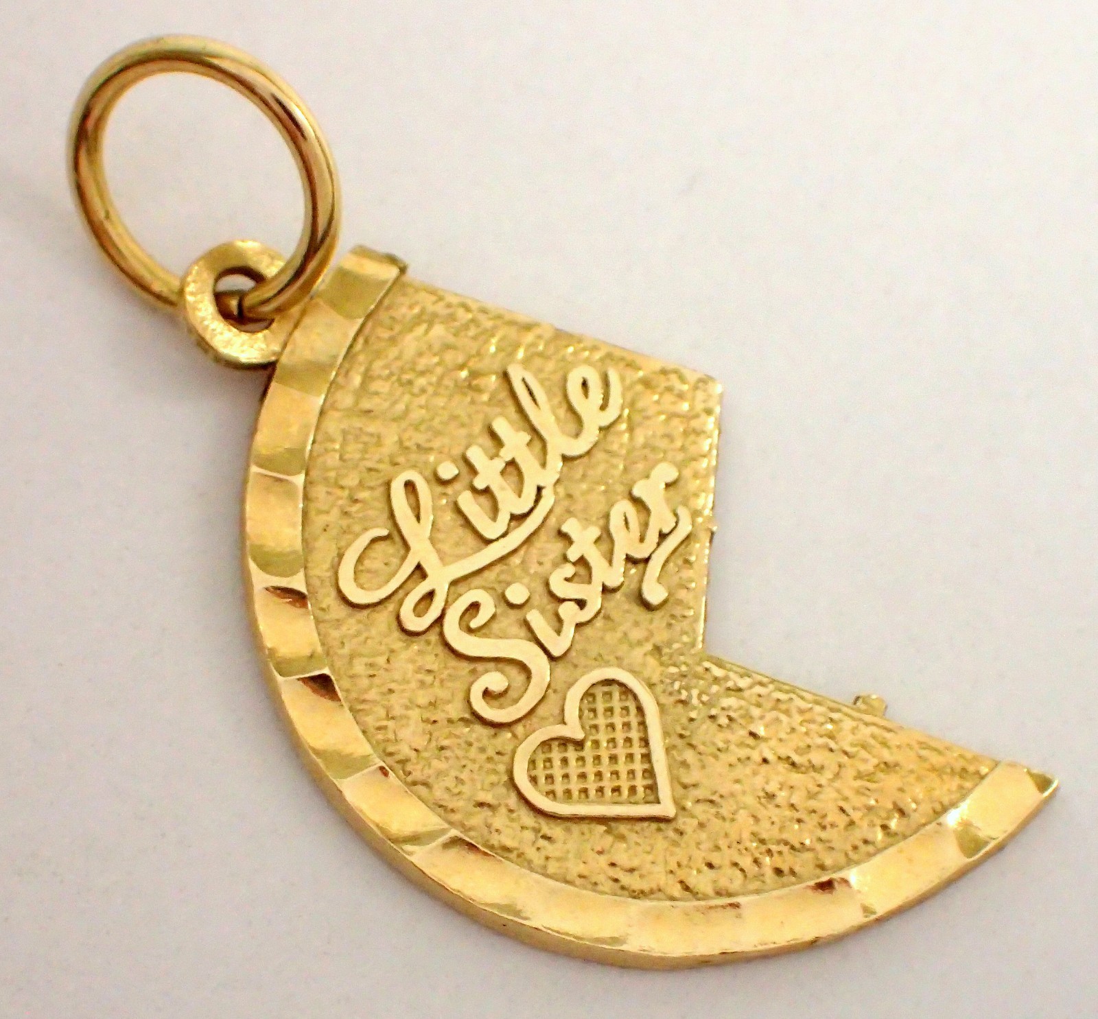 Vtg .8g SOLID 14k Yellow Gold LITTLE SISTER Half Big Sister Heart Charm Pendant