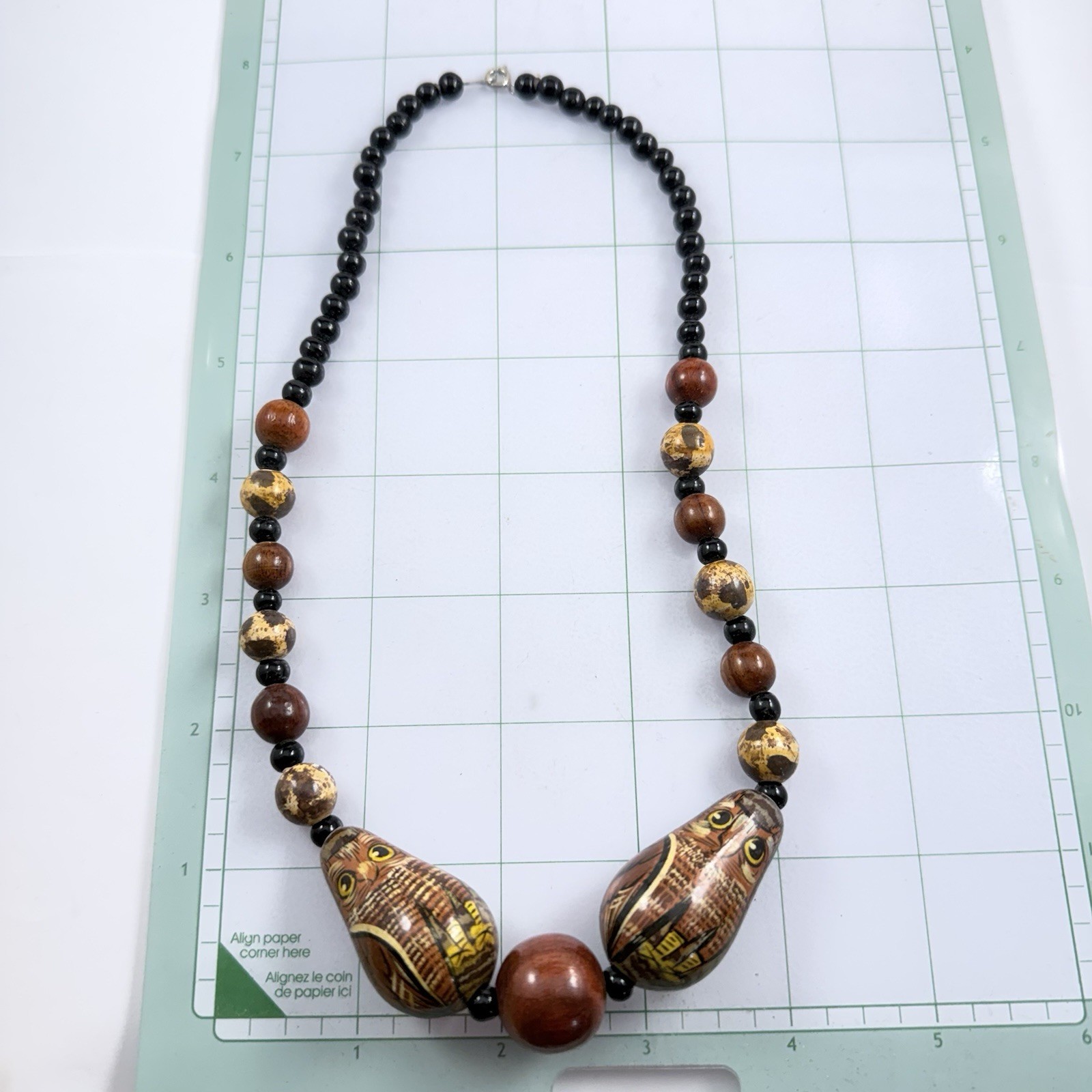 Vintage Hand Painted Owl Wood Beaded & Black Glass Necklace 18″